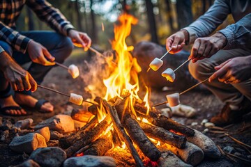 Fototapeta premium Hands roasting marshmallows over the fire. Generative AI.