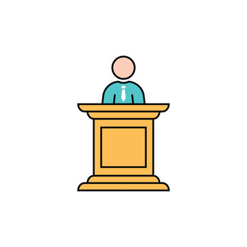 recommend clip art: colored linear spokesman icon. concept of master class, vote, meeting, instructor, pedestal, narrator, mentor, announcement. flat style trend modern logo