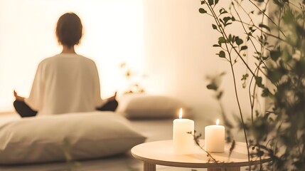 Person meditating in a serene space with candles and plants.
