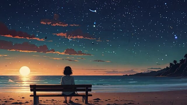 Anime Girl Sitting on a Bench Watching the Sunset and Stars