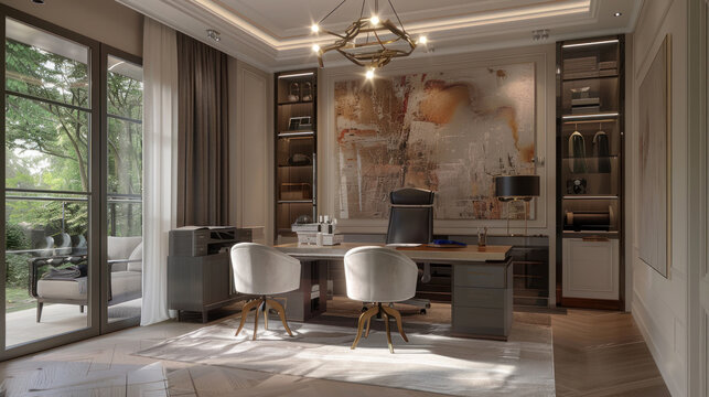 A chic home office with elegant decor, including a statement wall, designer furniture, and personalized accents.