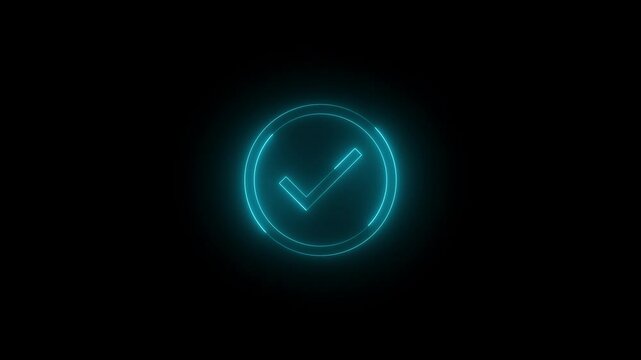 Neon completed icon cyan glowing black background animation
