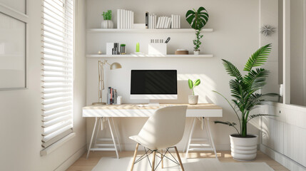 A clean and simple minimalist workspace with natural light, neutral colors, and minimal accessories, fostering a serene work atmosphere.