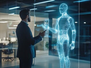 A man in a suit interacts with a holographic humanoid figure in a modern office setting.