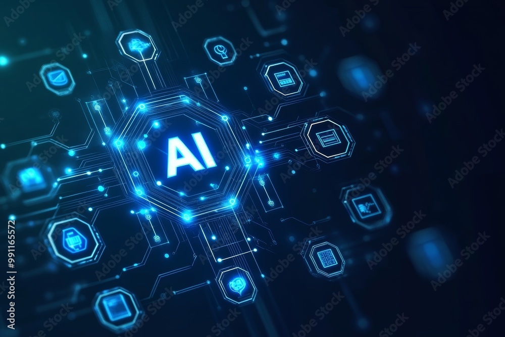 Poster ai technology background and icons of artificial intelligence. generative ai.