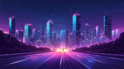 Fototapeta premium urban cityscape with an evening highway and light traffic, surrounded by modern skyscrapers and illuminated roads, highlighting the architectural beauty and efficient infrastructure of the city