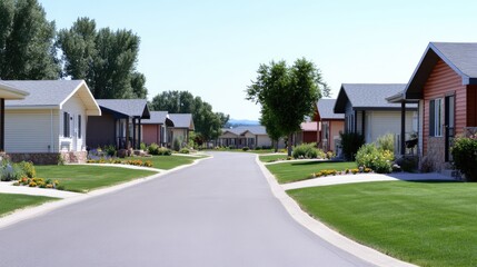 New townhouses in KSci Moran feature vibrant exteriors, large windows, and lush landscaping, creating a harmonious community atmosphere under natural midday light