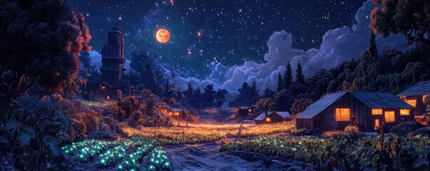 Obraz premium High-angle view of a dystopian urban farm under a starry night sky, glowing bioluminescent crops, eerie shadows