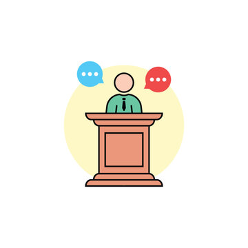 recommend clip art: linear spokesman behind stand. concept of master class, vote, meeting, instructor, pedestal, narrator, mentor, announcement, quiz. flat style trend logo