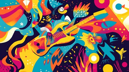 A vibrant, abstract artwork featuring a guitar surrounded by colorful shapes, creating a dynamic and energetic musical theme.