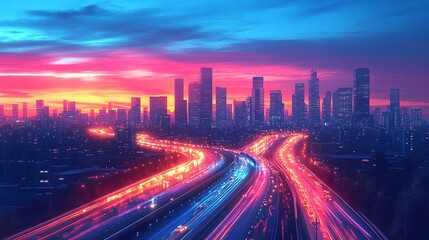 urban cityscape with an evening highway and light traffic, surrounded by modern skyscrapers and illuminated roads, highlighting the architectural beauty and efficient infrastructure of the city