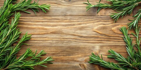 Rustic wooden background with a border made of fresh rosemary sprigs