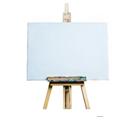 png wooden tripod with blank white canvas on transparent background, front view, art studio or painting school design element. wedding.