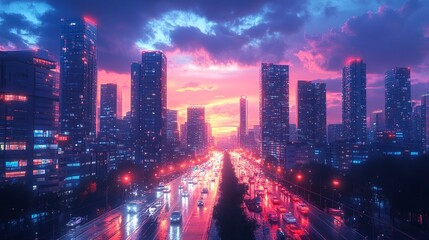 Obraz premium urban cityscape with an evening highway and light traffic, surrounded by modern skyscrapers and illuminated roads, highlighting the architectural beauty and efficient infrastructure of the city