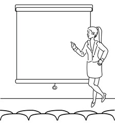 woman presenting on white board business presentation white line vector illustration
