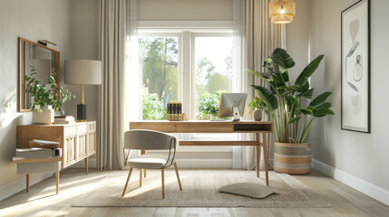 A clutter-free minimalist home office with clean lines, sleek furniture, and subtle touches to create a serene work environment.