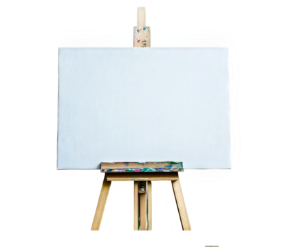 png wooden tripod with blank white canvas on transparent background, front view, art studio or painting school design element. wedding.