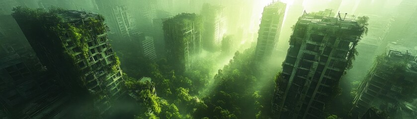 Obraz premium High-angle view of a minimalist dystopian cityscape, abandoned structures intertwined with nature, ethereal lighting