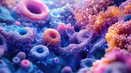 Obraz premium High-angle view of a vibrant fantasy world intertwined with intricate scientific structures, macro photography style