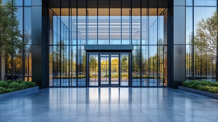 modern office building entrance with sleek glass doors and large windows, reflecting a contemporary business design and creating an inviting facade for a professional corporate environment
