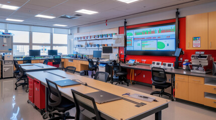A collaborative workspace in a research lab featuring flexible desks, high-tech instruments, and smart boards for scientific discussions.