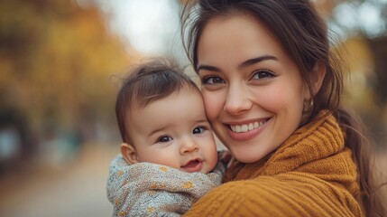 Obraz premium loving mother holding her smiling baby, capturing a heartwarming moment of maternal care, warmth, and happiness in a beautiful display of family love and connectio