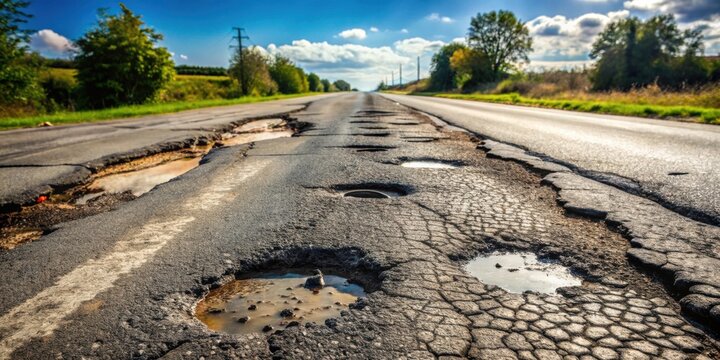 Damaged asphalt road with numerous potholes