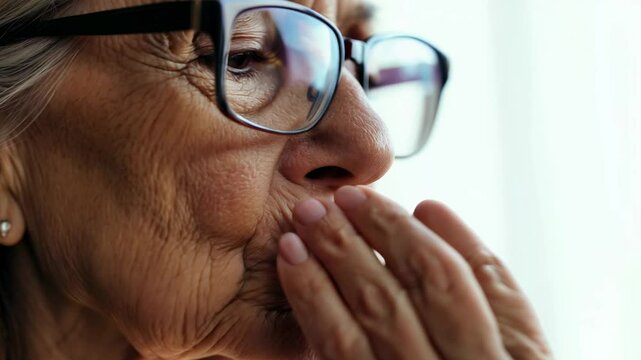 Elderly caucasian woman with glasses transitioning from sadness to acceptance in natural window light.