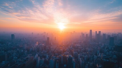 Fototapeta premium Long shot, rooftop view of a minimalist cityscape, tranquil and vast, soft pastel colors, drone perspective