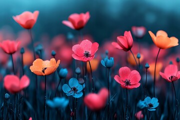 Fototapeta premium Colorful flowers blooming in a vibrant and enchanting field.