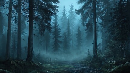 Fototapeta premium A misty forest scene with tall trees, creating a mysterious and tranquil atmosphere under a cool, blue-toned light.