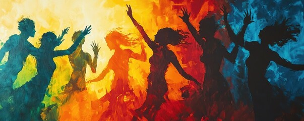 Fototapeta premium Low-angle view of vibrant silhouettes intertwined with psychological symbols, shadow dance reflecting human experience, vivid color contrasts