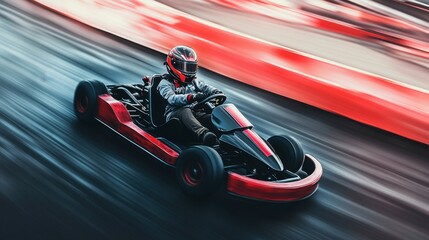 A man is expertly riding a gokart on a welldesigned track