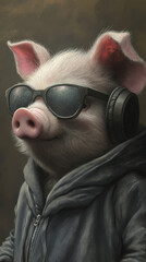 Cool pig wearing sunglasses and headphones