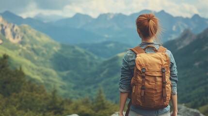Naklejka premium woman taking in the scenic mountain view with her backpack after a hike, enjoying the peaceful outdoors and the beauty of nature at the summit