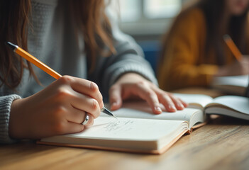 girl writing in notebook close-up background blurred, Al Generation