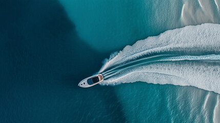 Dynamic Drone Shot of a Speedboat Making Sharp Turns Through Serene Coastal Waters, Leaving a Spiraling Wake in the Tranquil Ocean