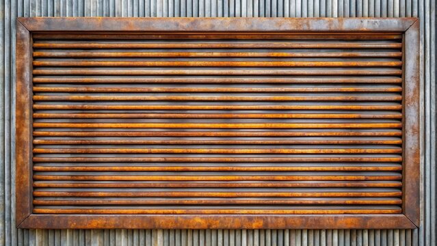 Metal stripes pattern ventilation grille with rusty parallel lines on a gray metal frame background