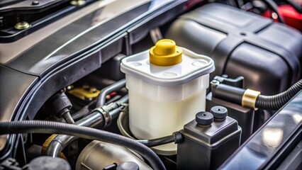 Obraz premium Close up of a steering reservoir for power steering fluid next to a visible battery clamp in the engine compartment