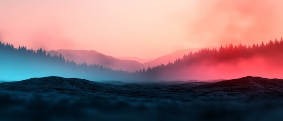 Obraz premium Serene landscape with misty mountains and a colorful sky.