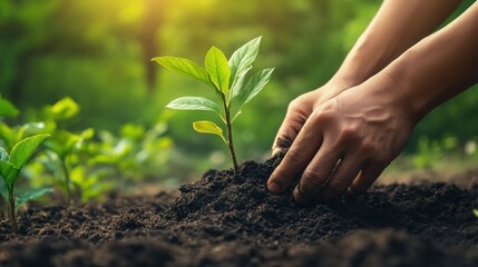 A person planting a young seedling in rich soil, symbolizing growth and environmental care.