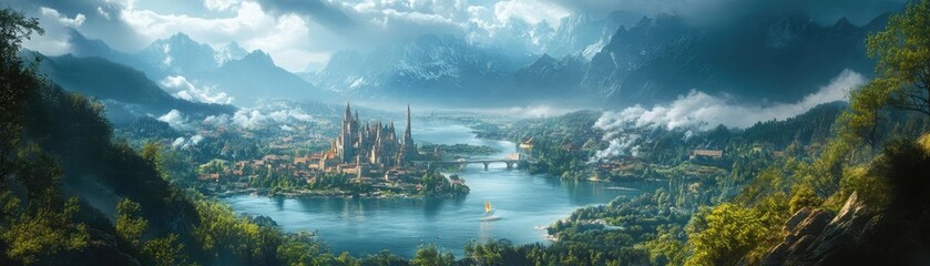 Obraz premium Panoramic vistas of enchanted realms fused with culinary masterpieces, captured by a soaring drone