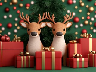 Two festive reindeer with Christmas gifts and a tree backdrop.