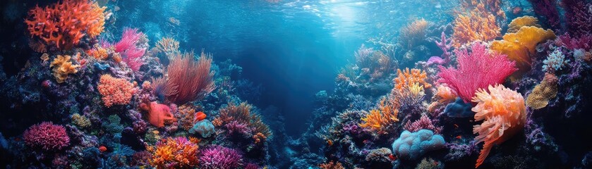 Fototapeta premium Rear view of a vibrant underwater world, merging with culinary delights, captured by a drone, bright colors and textures intertwining