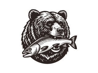 bear carrying a big fish on mouth. grizzly and salmon. fishing. Vintage retro engraving illustration. Black icon, isolated element	