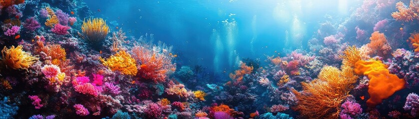 Obraz premium Rear view of a vibrant underwater world, merging with culinary delights, captured by a drone, bright colors and textures intertwining