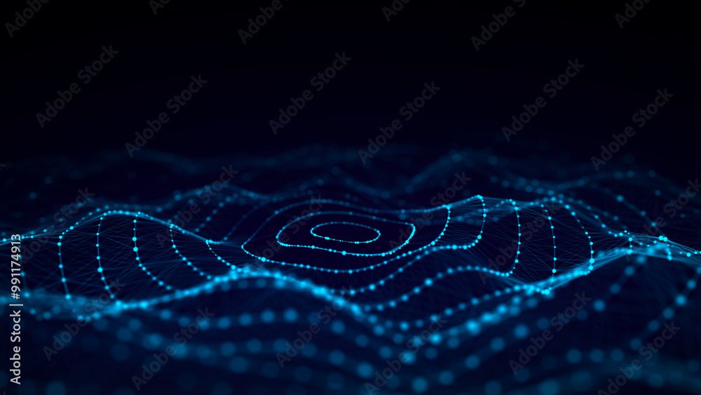 Poster abstract circle wave with moving dots. flow of particles. cyber technology illustration. 3d renderin