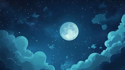 A serene night sky filled with stars and a large moon, surrounded by soft, fluffy clouds, creating a peaceful and enchanting atmosphere.