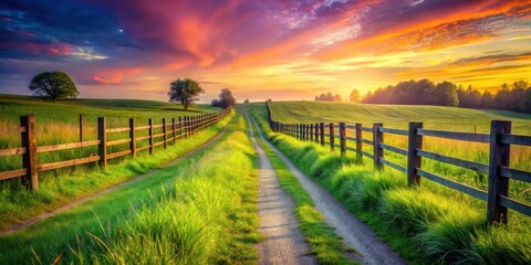 Fototapeta premium Vibrant rural pathway with fence posts and lush grass, showcasing nature in artistic gradient hues
