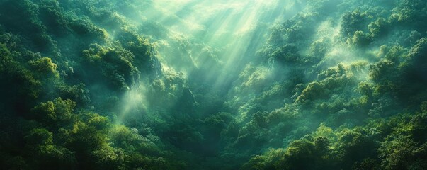Obraz premium Stunning aerial panorama showcasing enchanted forests embracing green ecosystems, mythical landscapes illuminated by radiant sunlight